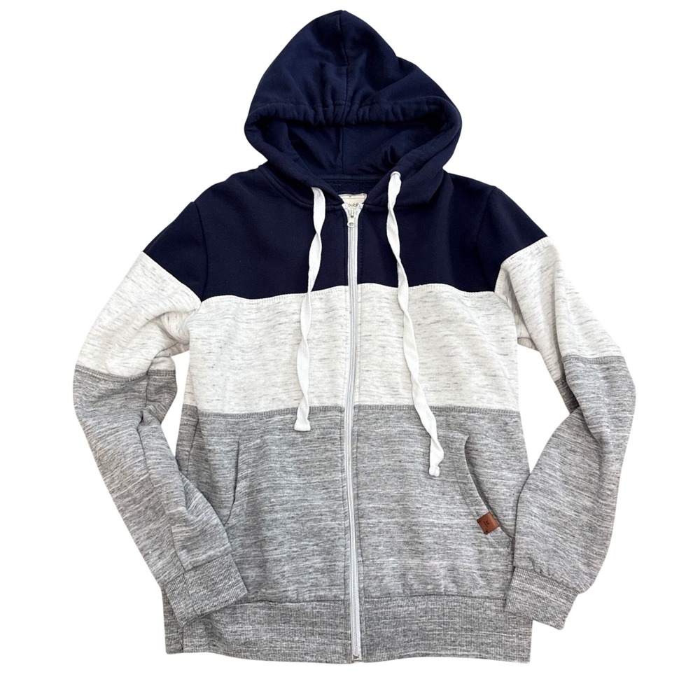 Doublju Zip Up Hoodie Womens Medium Navy Gray Color Block Fleece Sweatshirt